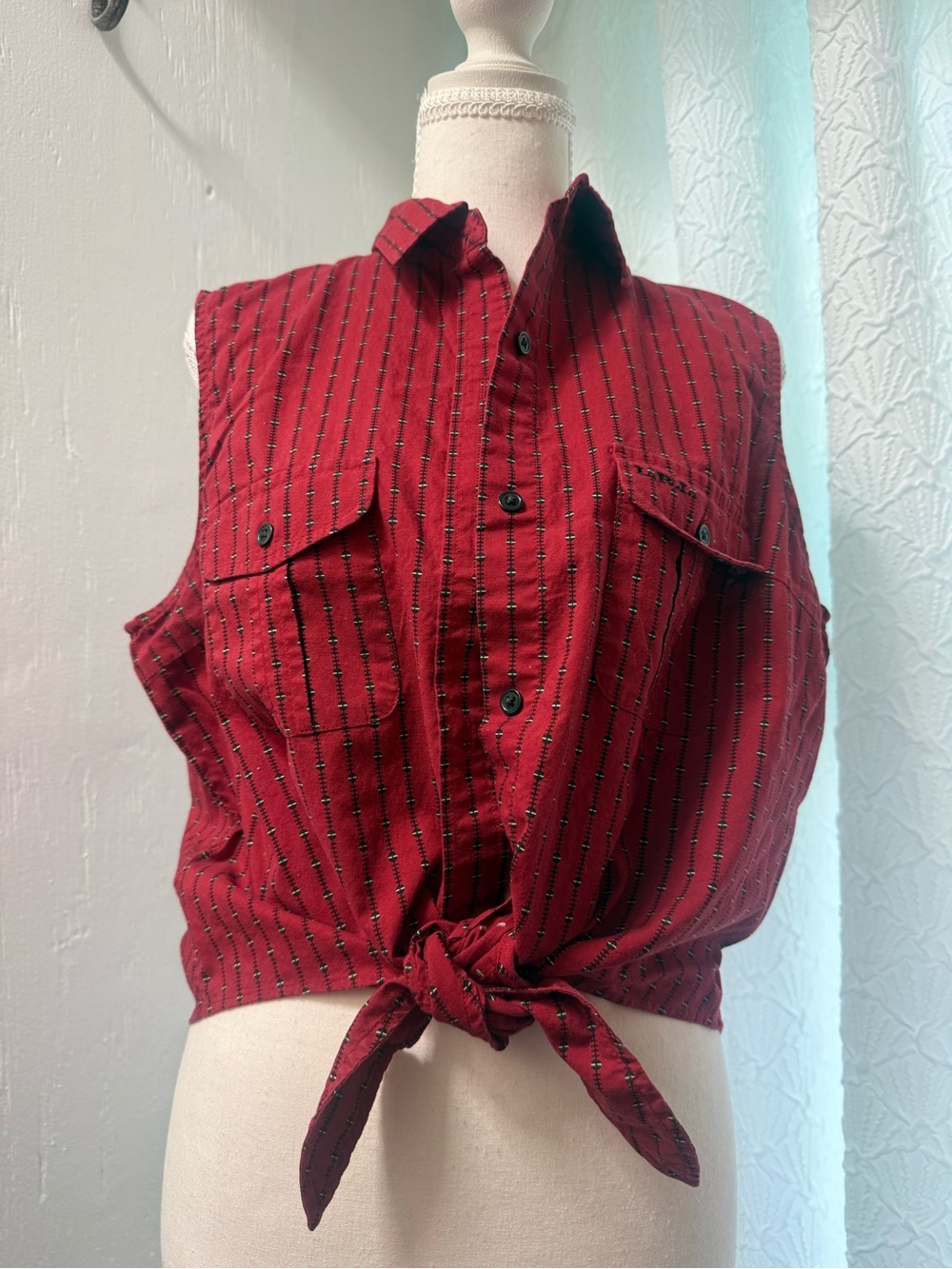 Ralph Lauren Red Sleeveless Tie-Front Button Down Shirt